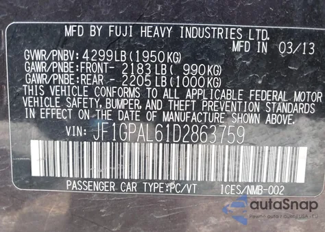 2013 Subaru Impreza 2.0I Sport Premium из США, поврежденный, VIN JF1GPAL61D2863759